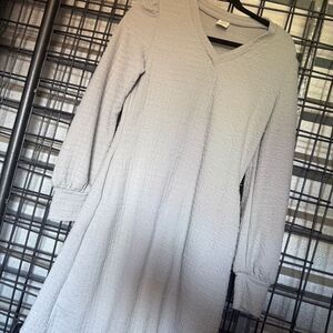medium flowy Light Gray V-Neck Textured Long Sleeve Dress high v neck A9